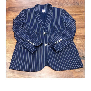 Chico's‎ Sz 2P Petite Striped Navy Blue Blazer Pearl Buttons Jacket Lined